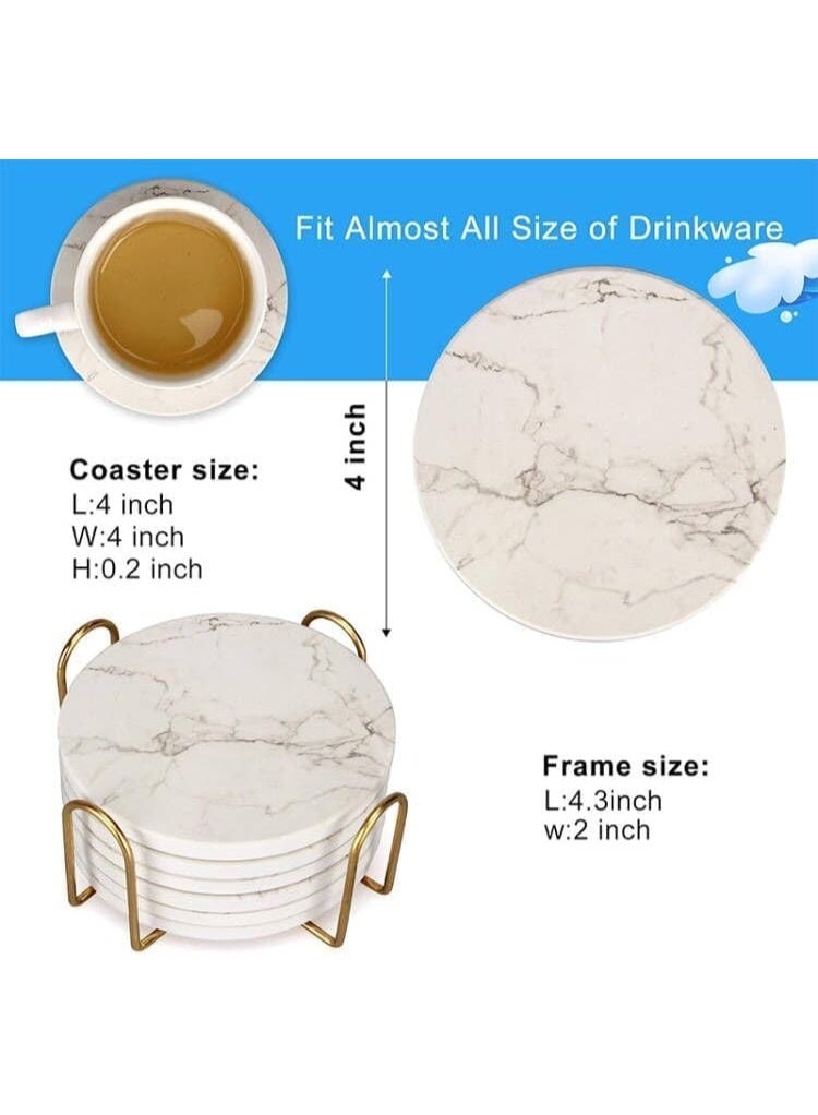 6 قطع من الرخام الأبيض كوستر مجموعة مع حامل أفضل كوسترات امتصاص شرب كوسترات الحجر كوسترات النبيذ السيراميك كوسترات كأس الطاولة - Image 2